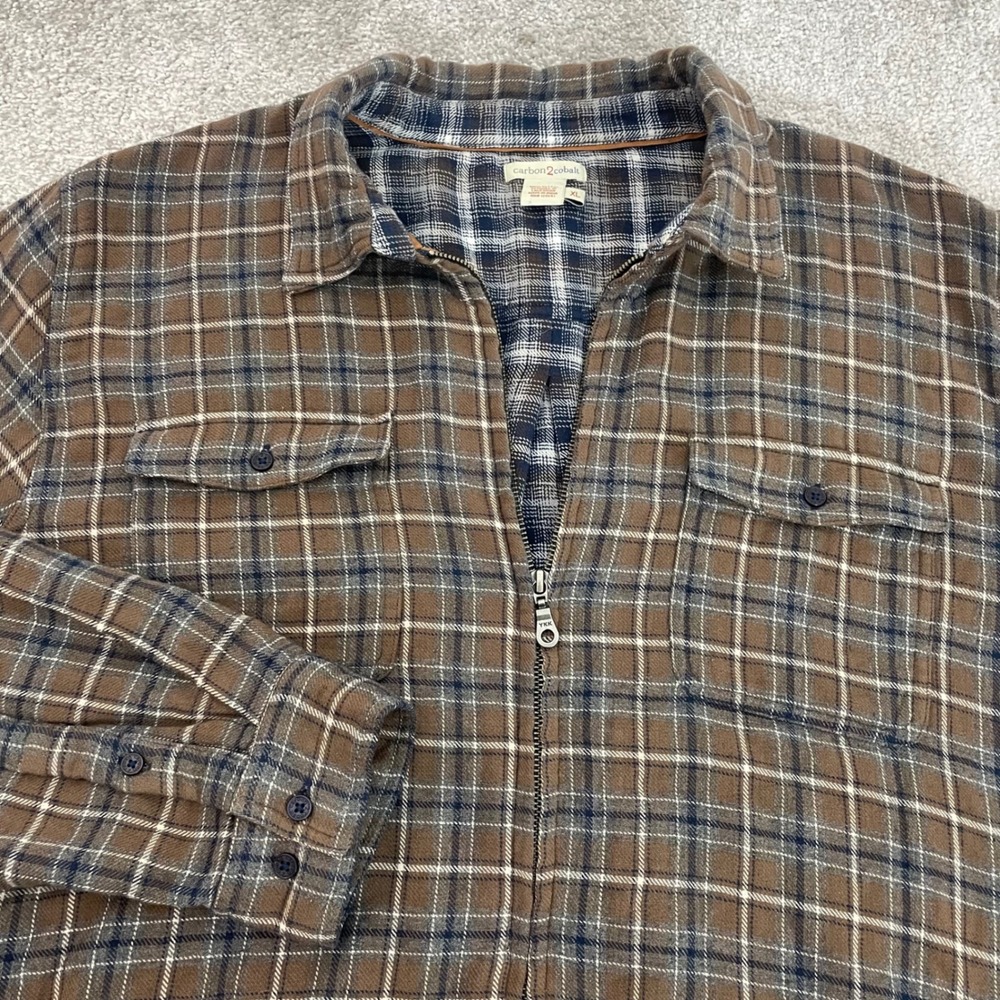 Carbon 2 Cobalt Flannel Shacket XL Mens Shirt Jacket Brown Plaid Full Zip Cotton